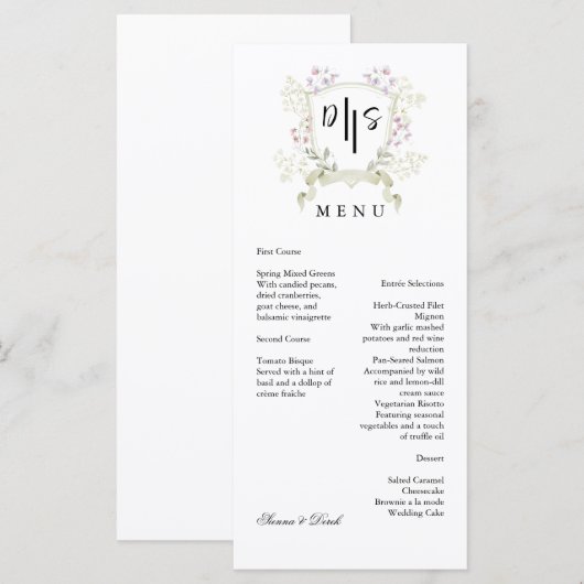 Dusky Wildflower Monogram Crest Wedding Menu (Voorkant / Achterkant)