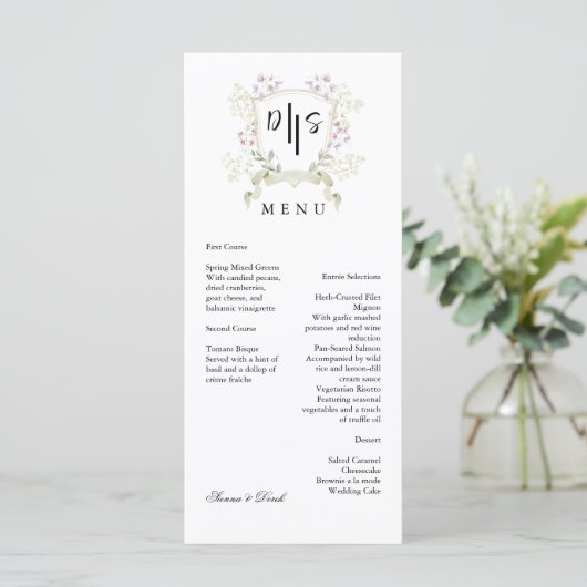 Dusky Wildflower Monogram Crest Wedding Menu (Staand voorkant)