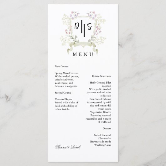 Dusky Wildflower Monogram Crest Wedding Menu (Voorkant)