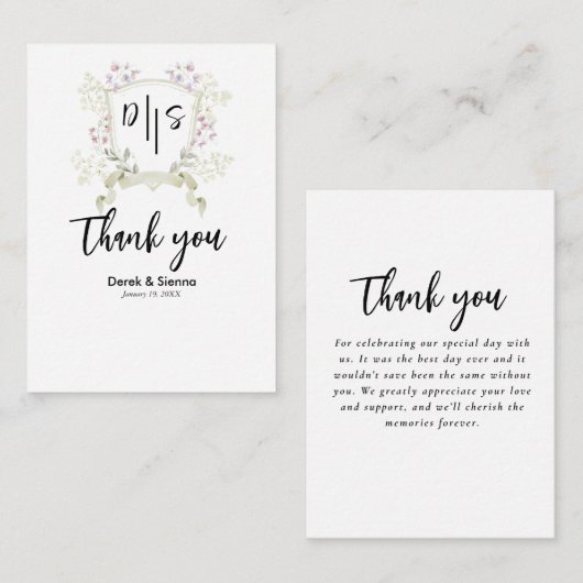Dusky Wildflower Monogram Crest Wedding Note Kaart Notitiekaartje (Voorkant / Achterkant)