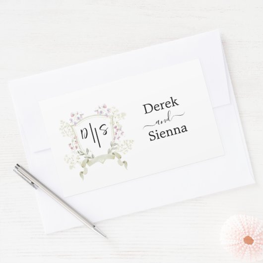 Dusky Wildflower Monogram Crest Wedding Rechthoekige Sticker (Envelop)