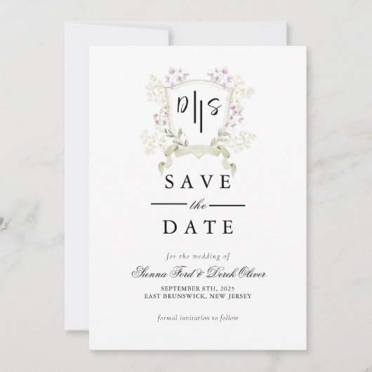 Dusky Wildflower Monogram Crest Wedding Save The Date (Voorkant)
