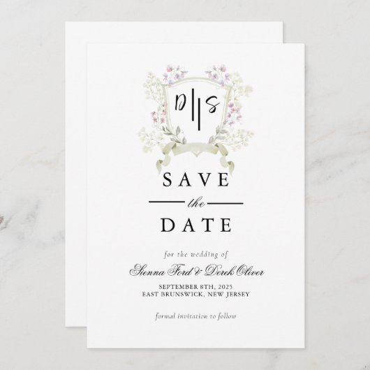 Dusky Wildflower Monogram Crest Wedding Save The Date (Voorkant / Achterkant)