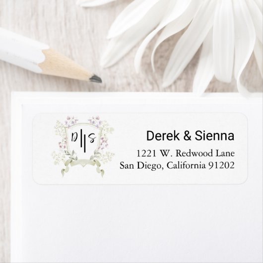Dusky Wildflower Monogram Wapen Wedding Return  Etiket (Insitu)