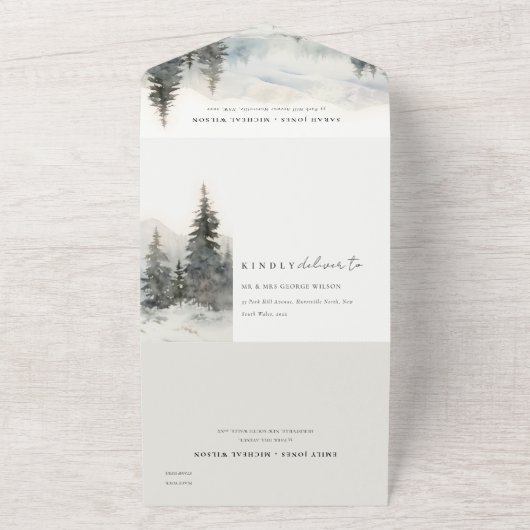 Dusky Winter Sneeuw Berg Landschap Bruiloft All In One Uitnodiging (Buitenkant)