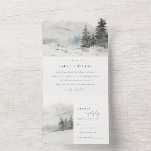 Dusky Winter Sneeuw Berg Landschap Bruiloft All In One Uitnodiging (Binnen)