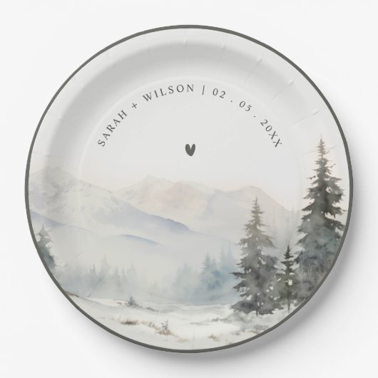 Dusky Winter Sneeuw Berg Landschap Bruiloft Papieren Bordje (Voorkant)