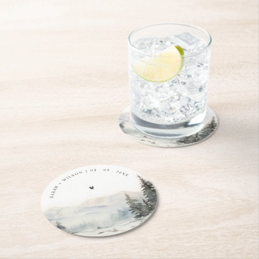 Dusky Winter Sneeuw Berg Landschap Bruiloft Ronde Kartonnen Onderzetter (Insitu)