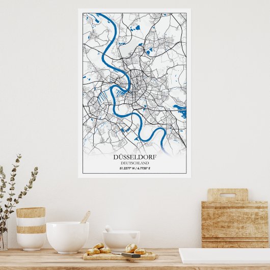 Dusseldorf Deutschland City Map Eenvoudig reizen Poster (Keuken)
