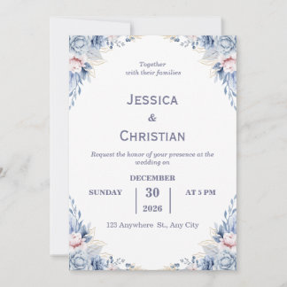 Dust Blue Floral Wedding Invitation  Kaart