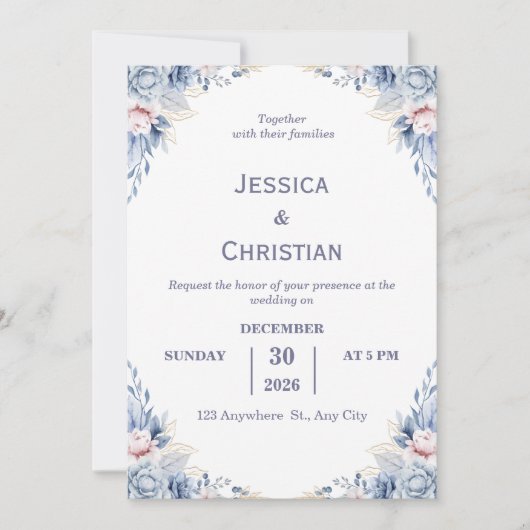 Dust Blue Floral Wedding Invitation  Kaart (Voorkant)