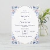 Dust Blue Floral Wedding Invitation  Kaart (Staand voorkant)