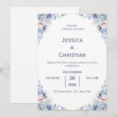 Dust Blue Floral Wedding Invitation  Kaart (Voorkant / Achterkant)