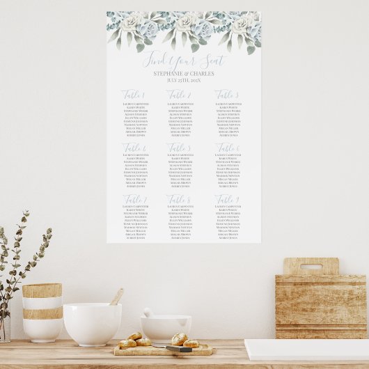 Dust Blue floral Wedding Seating Chart Poster (Keuken)