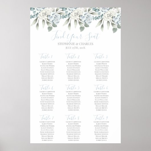Dust Blue floral Wedding Seating Chart Poster (Voorkant)