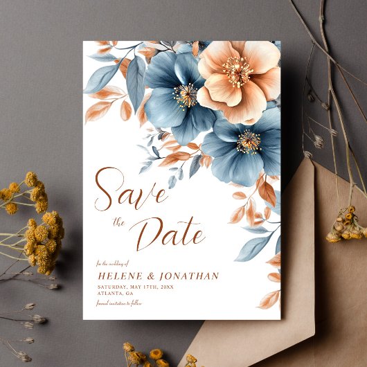 Dust Blue Terracotta Garden Elegante bruiloft Save The Date