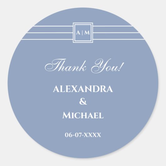 Dust Blue White Modern Wedding Dank u Ronde Sticker (Voorkant)