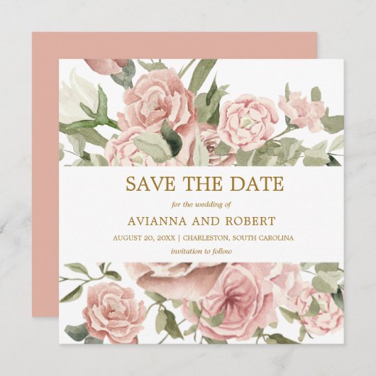 Dust Pink Floral Greenery Save The Date (Voorkant / Achterkant)