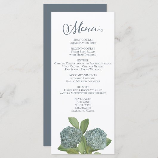 Dusta Blue Floral Elegant Botanical Dinner Menu (Voorkant / Achterkant)