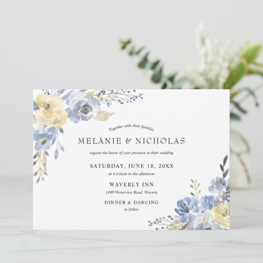 Dustaafblauwe waterverf bruiloft kaart (Staand voorkant)