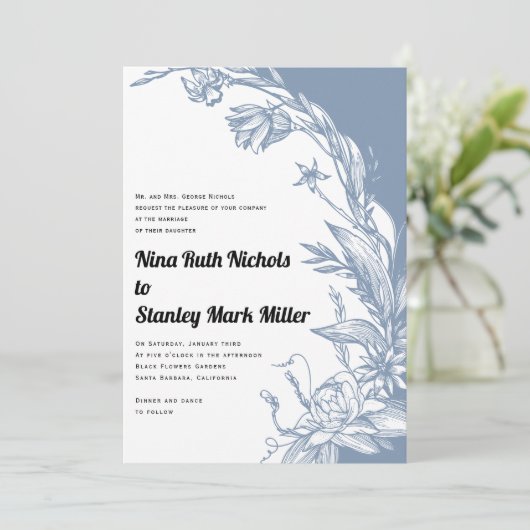 Dustblauw bloemen, bloemen, bloembruiloft kaart (Staand voorkant)