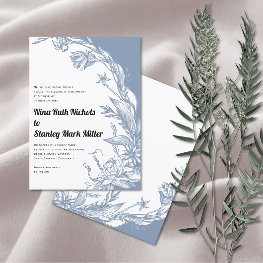 Dustblauw bloemen, bloemen, bloembruiloft kaart