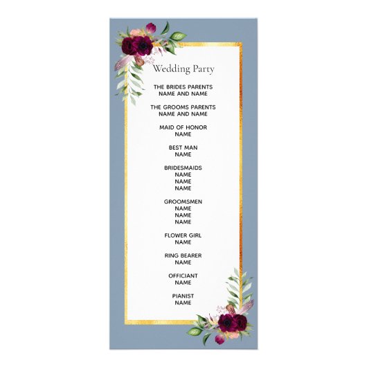 Dustblauw bruinbloementrouwprogramma reclamekaart (Achterkant)