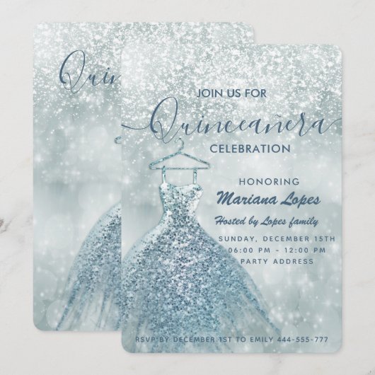 Dustblauwe sneeuwwinterwonderland Quinceañera Invi Kaart (Voorkant / Achterkant)