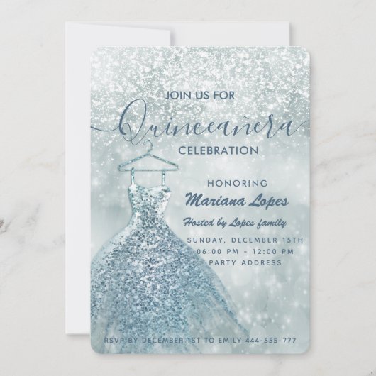 Dustblauwe sneeuwwinterwonderland Quinceañera Invi Kaart (Voorkant)