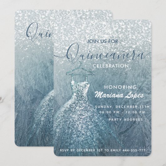 Dustblauwe sneeuwwinterwonderland Quinceañera Kaart (Voorkant / Achterkant)
