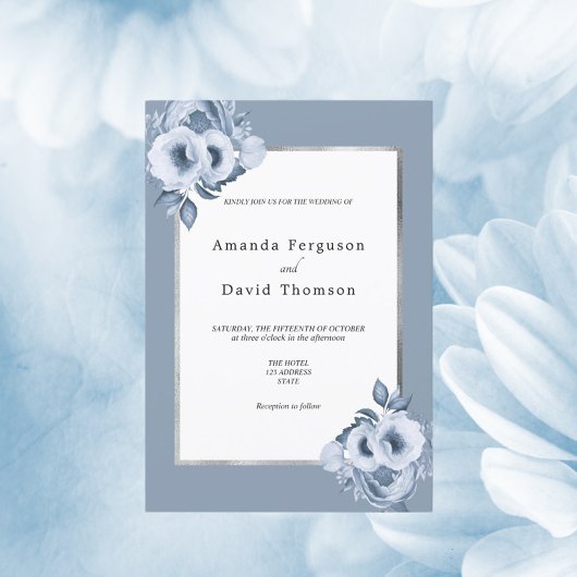 Dustblauwe zilverkleurige bruiloft met waterverf kaart