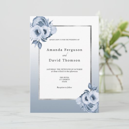 Dustblauwe zilverkleurige bruiloft met waterverf kaart (Staand voorkant)