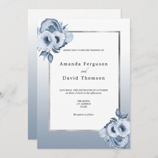 Dustblauwe zilverkleurige bruiloft met waterverf kaart (Voorkant / Achterkant)