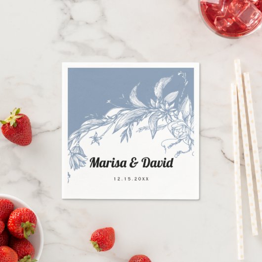 Dustemblauw en witte lijnbloemen bruiloft servet (Insitu)