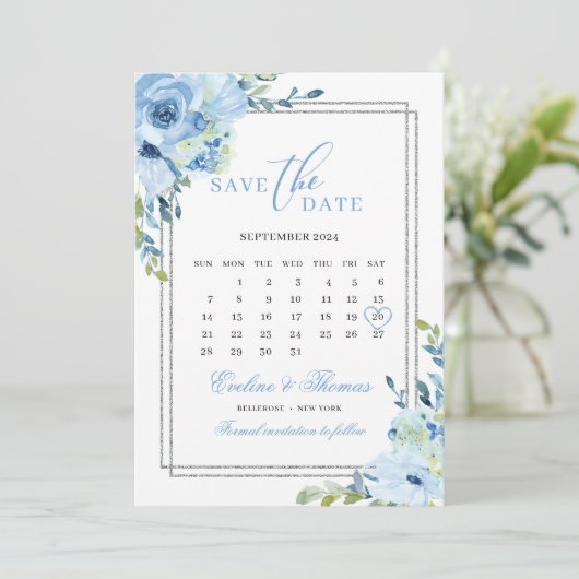 Dustemuze zilverglitter kalender bruiloft save the date (Staand voorkant)