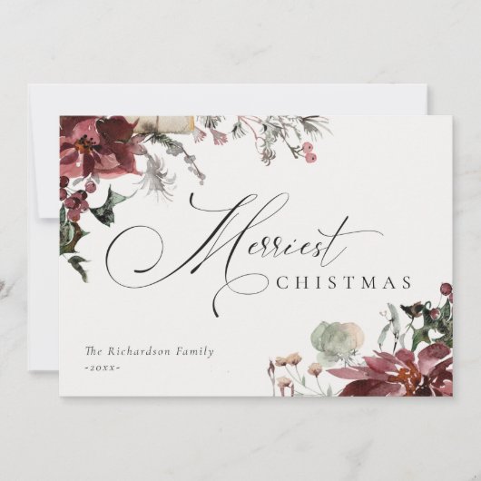 Dusterige Rode Poinsettia Bloemige Allerkerstigste Feestdagenkaart (Voorkant)
