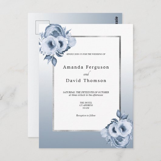 Dustmaanblauwe zilverfloralen trouwuitnodiging briefkaart (Voorkant / Achterkant)