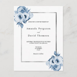 Dustmaanblauwe zilverwitte floralen trouwuitnodigi briefkaart