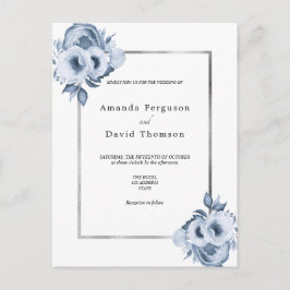 Dustmaanblauwe zilverwitte floralen trouwuitnodigi briefkaart