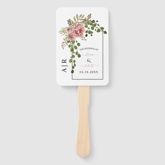 Dustmabloemen, roos, initialen trouwprogramma handwaaier (Voorkant)