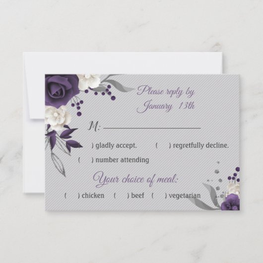 Dustmage paarse witte bloemen grijs RSVP kaartje (Voorkant)