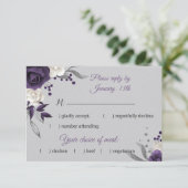 Dustmage paarse witte bloemen grijs RSVP kaartje (Staand voorkant)