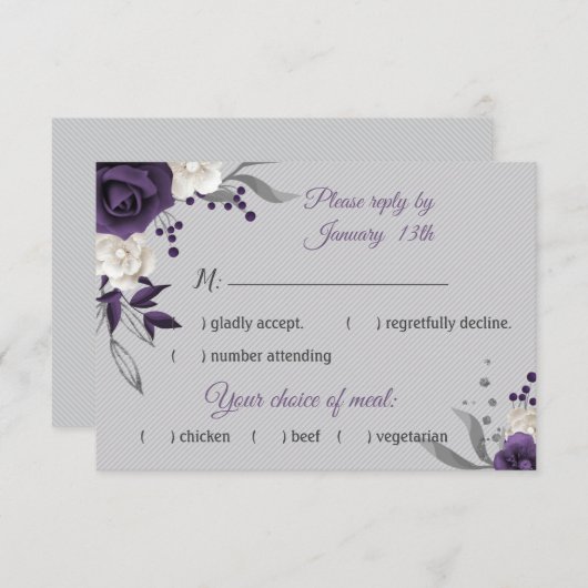 Dustmage paarse witte bloemen grijs RSVP kaartje (Voorkant / Achterkant)
