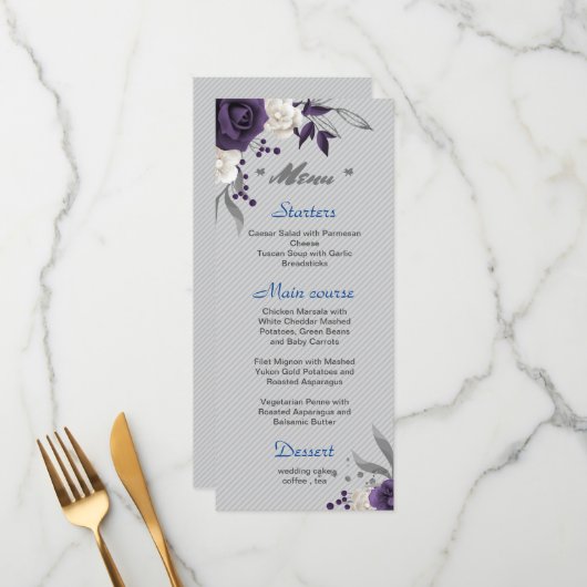 Dustmake paarse witte bloemen zilverbladeren bruil menu (Voorkant / Achterkant in situ)