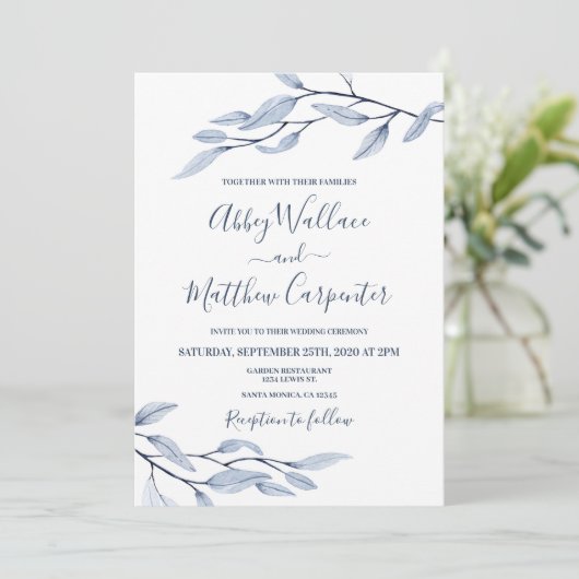 Dustoerblauwe botanische huwelijksuitnodiging kaart (Staand voorkant)