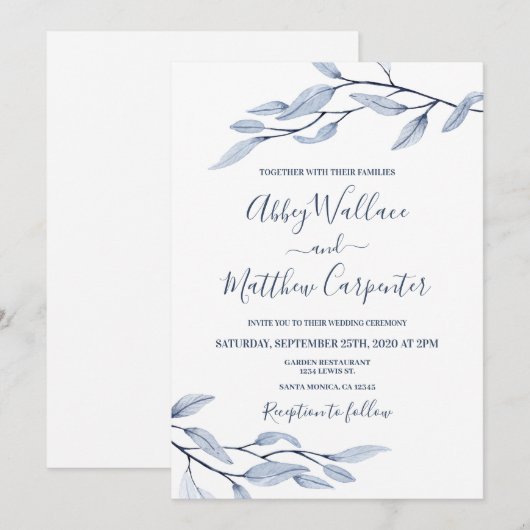 Dustoerblauwe botanische huwelijksuitnodiging kaart (Voorkant / Achterkant)