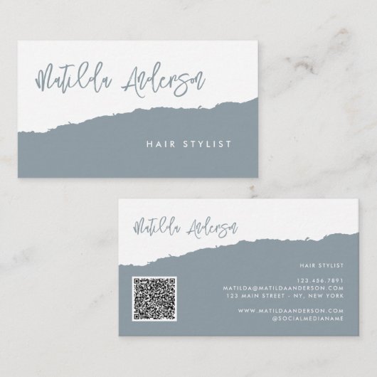 Dustoomblauw modern, minimaal script QR CODE Visitekaartje (Voorkant / Achterkant)