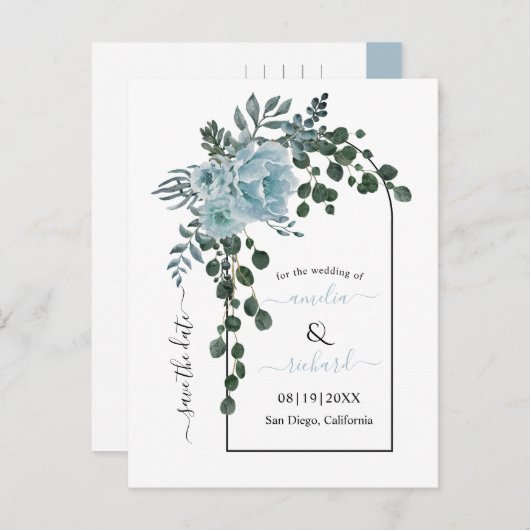 Dustum blauwe bloemen bruiloft Bespaar op datum Briefkaart (Voorkant / Achterkant)