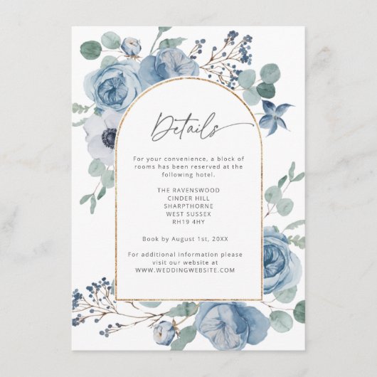 Dustum blue floral waterverf trouwgegevens informatiekaartje (Voorkant)