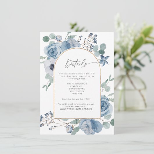 Dustum blue floral waterverf trouwgegevens informatiekaartje (Staand voorkant)